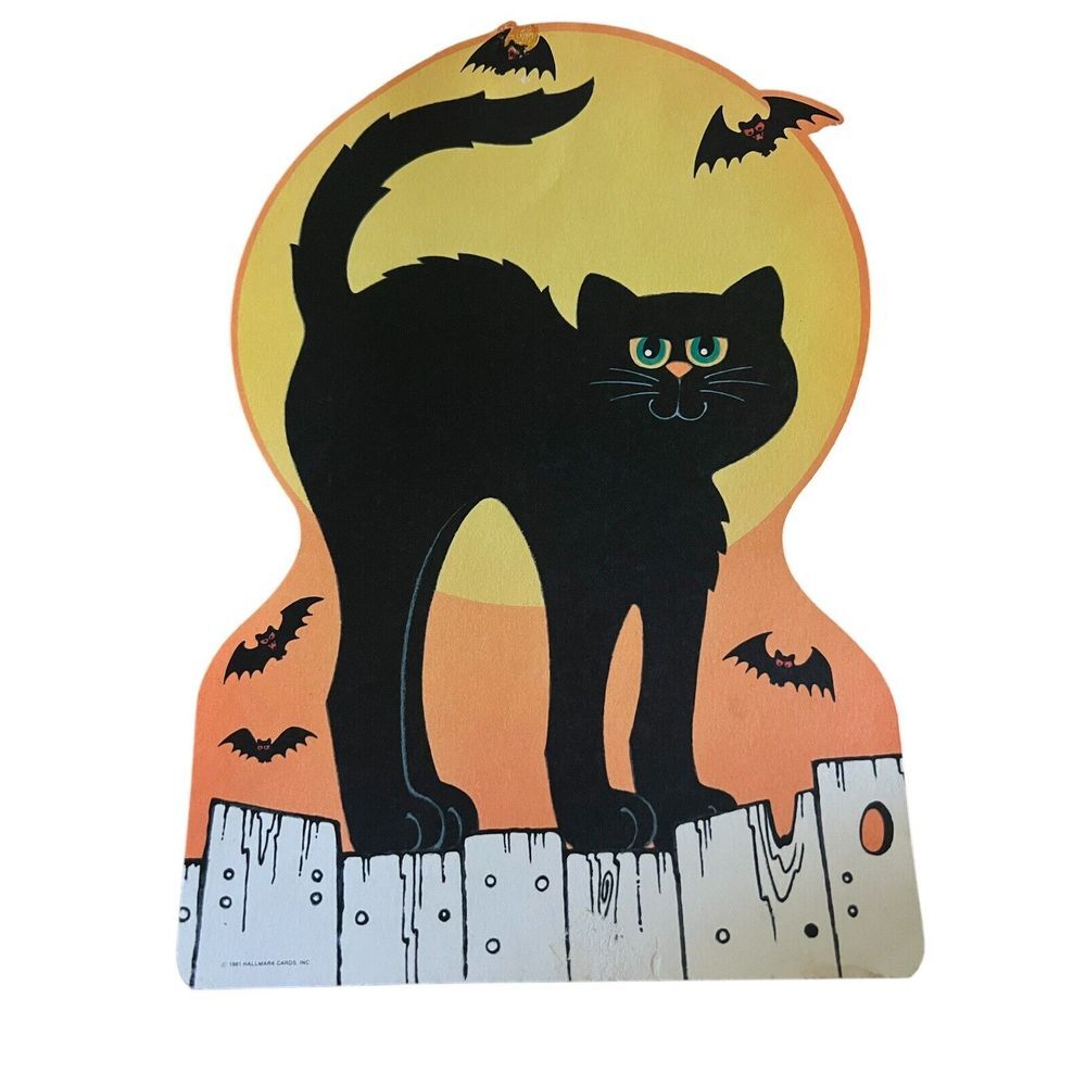 VTG 1981 Hallmark Halloween‎ Cardboard Die Cut Out Black Cat on Fence Moon Bats